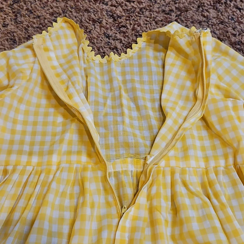 Vintage Yellow White Gingham Long Sleeve Dress Checker Handmade 70s Girls Kids